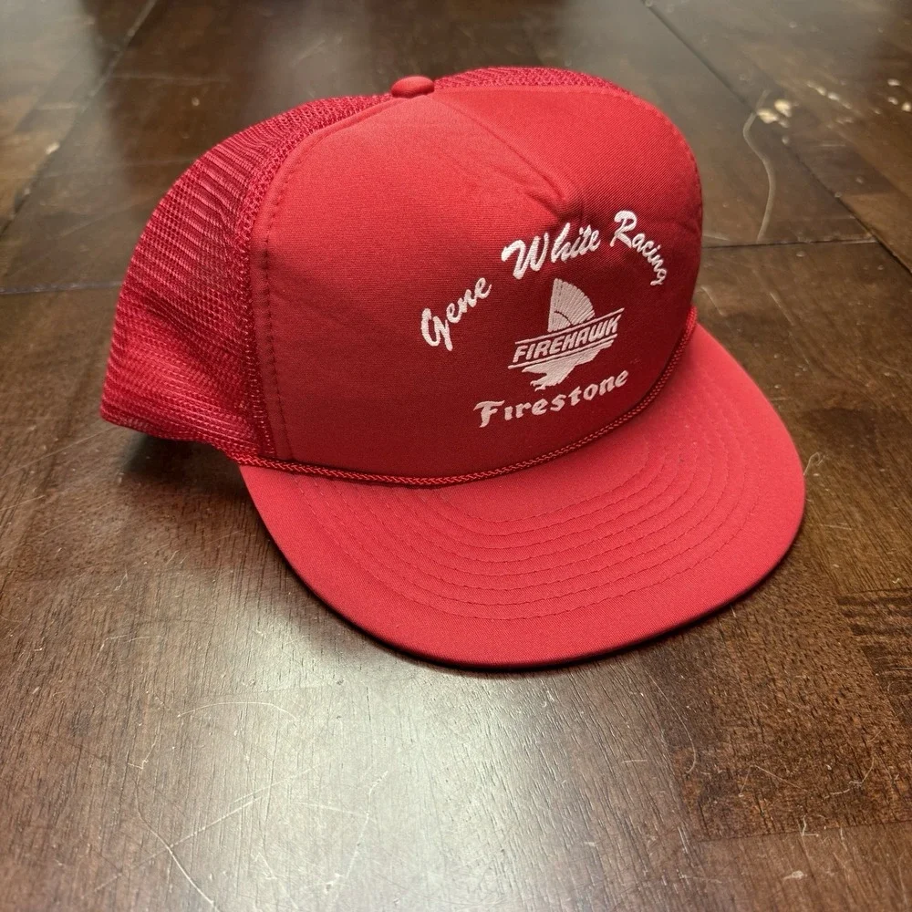 VTG FireHawk Firestone Gene White Racing Hat Cap Red‎ Trucker Rope Brim Snapback